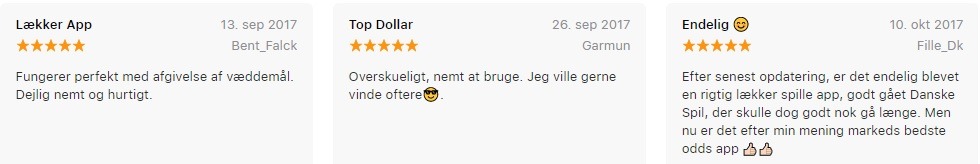 Screenshot af tre anmeldelser af Danske Spil Appen fra App Store. Alle tre anmeldelser giver appen fem stjerner ud af fem og roser den.
