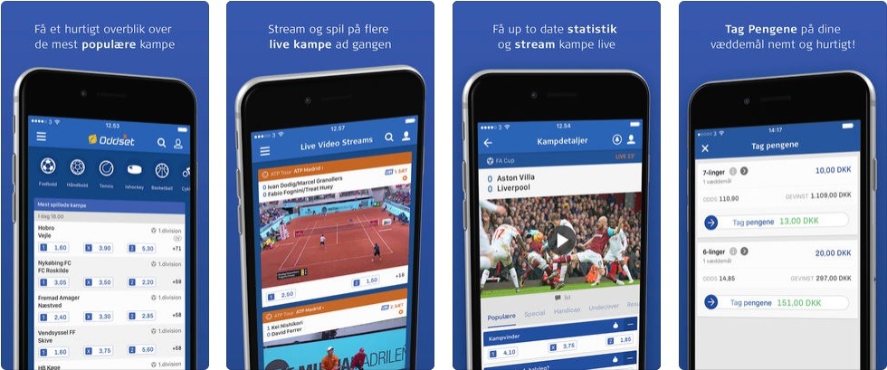 Skærmbilleder fra Danske Spils officielle Oddset-app. I Danske Spil Appen kan man oddse, livestreame sport og se masser af statistik.