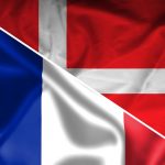Det danske og det franske flag sat sammen til et flag forud for mødet ved VM i Rusland
