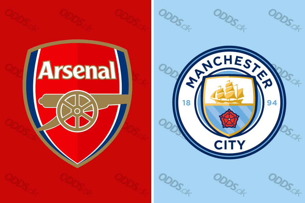 De to Premier League-klubber Arsenal og Manchester Citys officielle logoer. De to hold mødes søndag aften i den engelske liga.