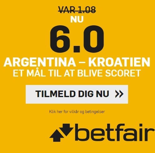 VM tilbud fra bookmakeren betfair, der giver odds 6 på over 0,5 mål i Argentina - Kroatien