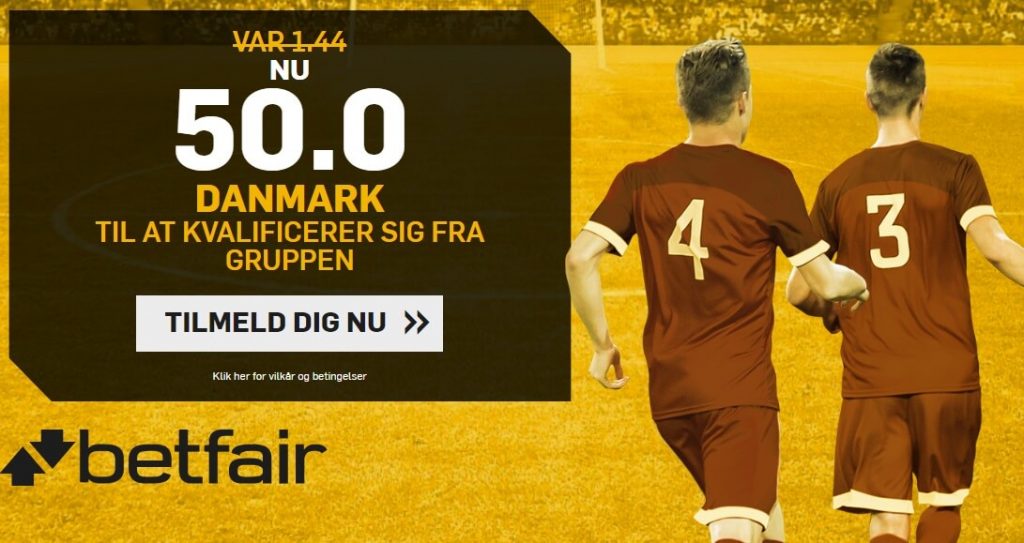 Tilbud fra bookmakeren betfair, der giver odds 50 på Danmark til VM 2018