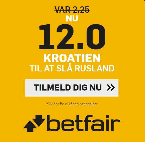 Bookmakertilbud fra betfair sportsbook, hvor nye spillere får odds 12 på sejr til Kroatien over Rusland