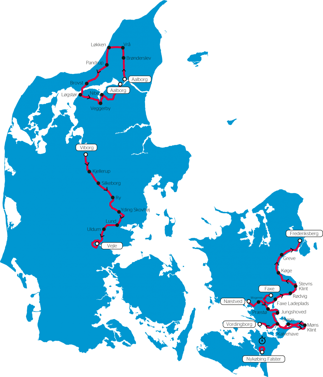 Cykelløbet PostNord Danmark Rundts rute for 2018, hvor rytterne skal ud på fem forskellige etaper