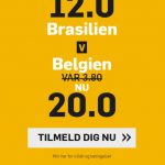 Bookmakertilbud fra betfair sportsbook, hvor nye spillere får odds 12 på Brasilien og odds 20 på Belgien
