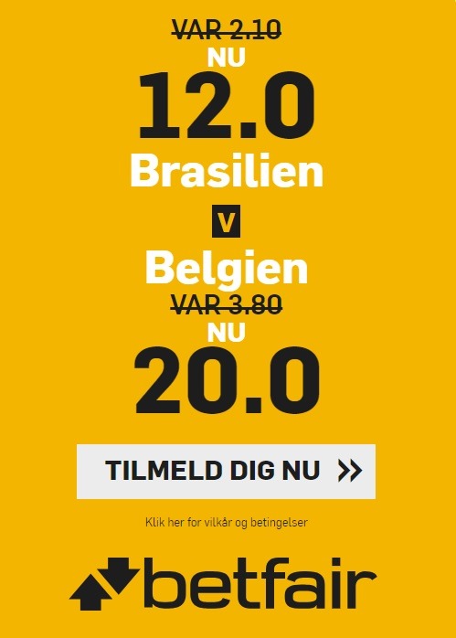 Bookmakertilbud fra betfair sportsbook, hvor nye spillere får odds 12 på Brasilien og odds 20 på Belgien