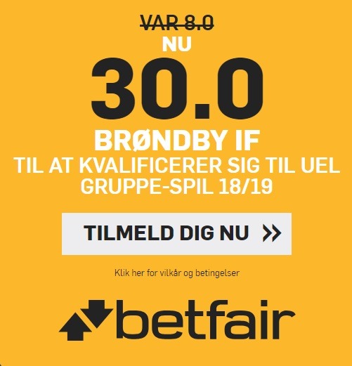 Bookmakertilbud fra betfair, hvor nye spillere kan få odds 30 på, at Brøndby kommer i Europa League-gruppespillet i 2018/2019-sæsonen