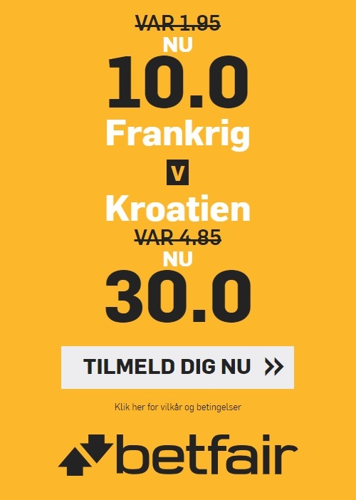 Tilbud fra bookmakeren betfair, hvor nye spillere får forhøjede odds på VM-finalen mellem Frankrig og Kroatien