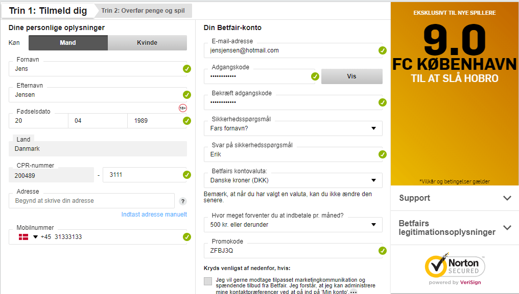 Screenshot fra betfair.dk, der viser, hvordan en ny spiller nemt og hurtigt opretter en konto og udnytter tilbudet om at få odds 9 FCK over Hobro