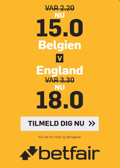 Tilbud fra bookmakeren betfair, der giver alle nye spillere forhøjede odds på VM-kampen mellem Belgien og England