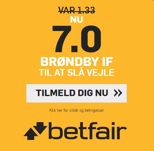 Bookmakertilbud fra betfair, hvor alle nye spillere kan få odds 7 på Brøndby-sejr over Vejle i Superligaen