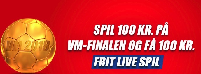 Bookmakertilbud fra Danske Spil, hvor spillerne kan få et 100 kr. frit live spil på VM-finalen ved at oddse 100 kroner før kampstart