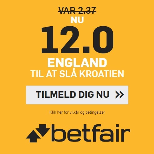 Bookmakertilbud fra betfair, der giver odds 12 på engelsk sejr over Kroatien ved VM til alle nye kunder