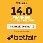 Bookmaker tilbud fra Betfair, hvor alle nye spillere får odds 14,00 på Frankrig over Belgien ved VM i fodbold 2018