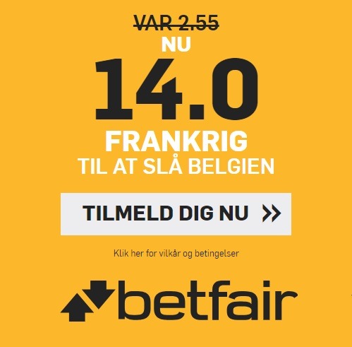 Bookmaker tilbud fra Betfair, hvor alle nye spillere får odds 14,00 på Frankrig over Belgien ved VM i fodbold 2018