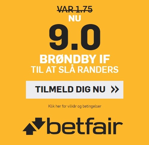 Bookmakertilbud fra betfair Sportsbook, hvor alle nye spillere kan tilmelde sig for at få odds 9,00 på, at Brøndby IF slår Randers FC