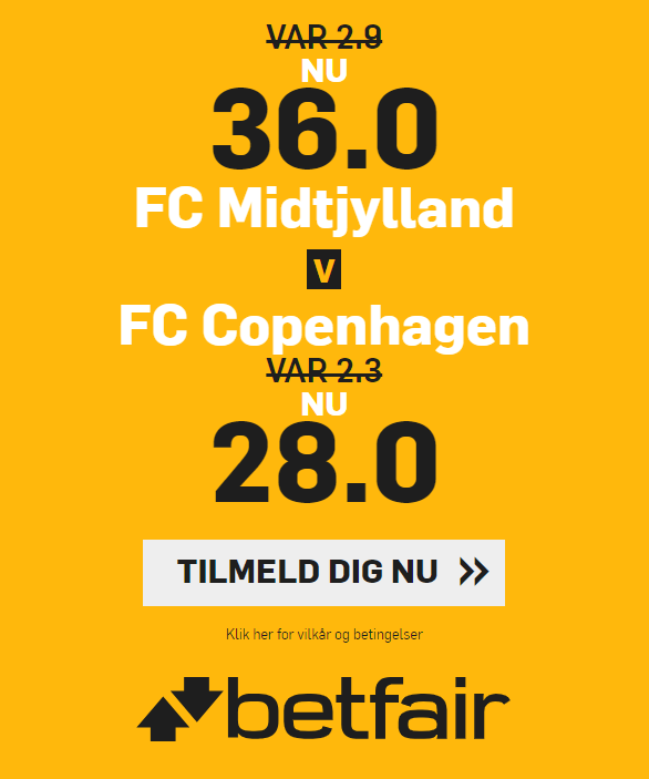 Få odds 36 på FC Midtjylland og 28 på FC København hos betfair