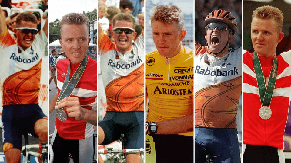 Rolf Sørensen under sin tid som cykelrytter. På billedet ses seks forskellige højdepunkter fra hans karriere. 