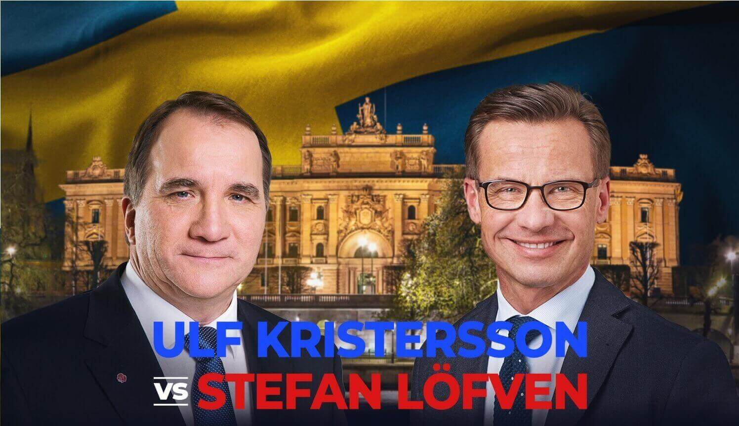 De svenske statsministerkandidater Ulf Kristersson og Stefan Löfven foran den svenske parlamentsbygning