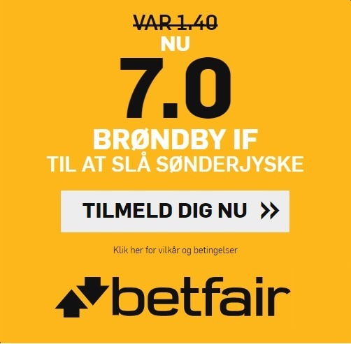 Bookmakertilbud fra betfair Sportsbook, hvor nye spillere kan få forhøjet deres odds på Brøndby-sejr til 7 over SønderjyskE