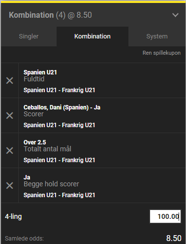 Betbuilder-kupon fra Unibet på U21-landskampen mellem Frankrig og Spanien.