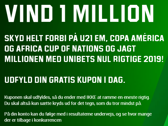 Hos Unibet kan man vinde en million kroner ved at gætte forkert i 48 fodboldkampe i 2019