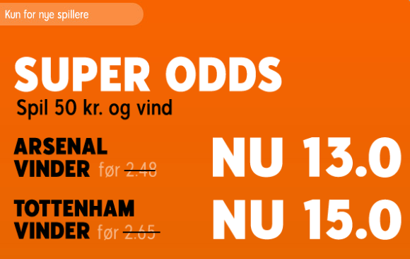 Forhøjet odds fra 888, der giver odds 13 på Arsenal og odds 15 på Tottenham i North London Derby søndag.