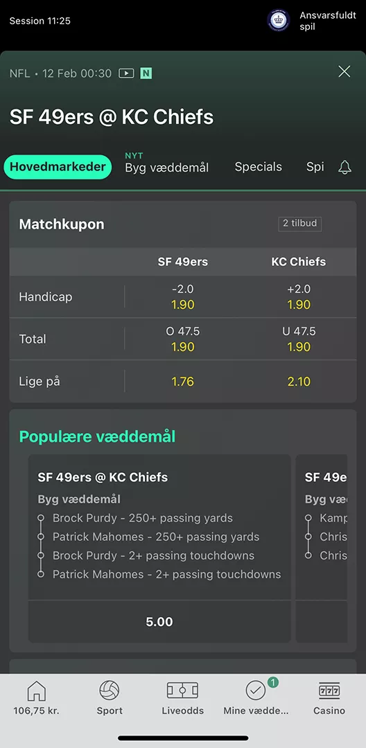 Super Bowl-kampside i bet365-app'en