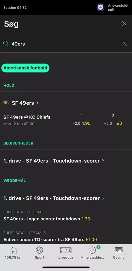Søgefunktion i bet365-app'en brugt til at finde Super Bowl-kampen