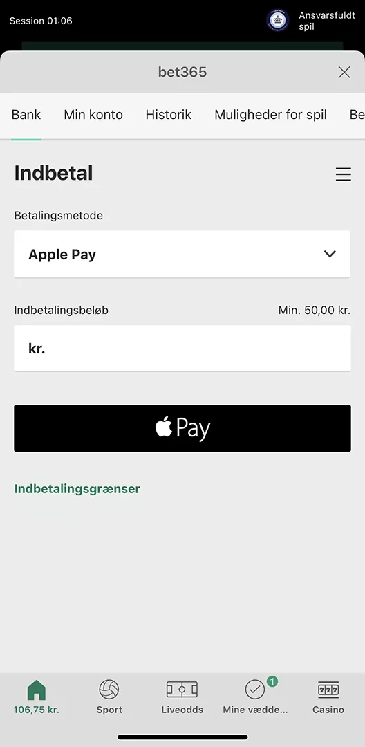 bet365 mobilindbetaling via Apple Pay