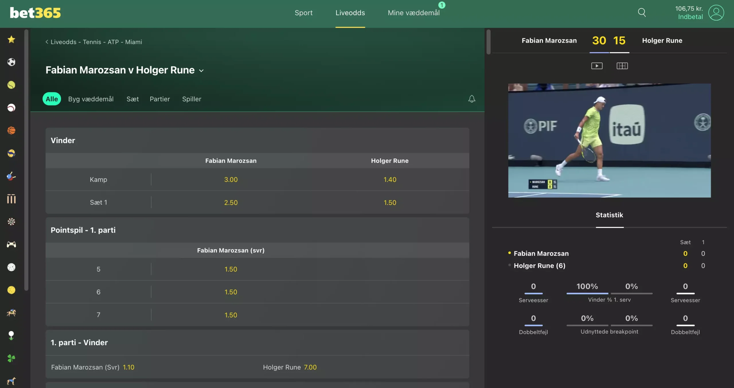 Holger Rune livestream på bet365