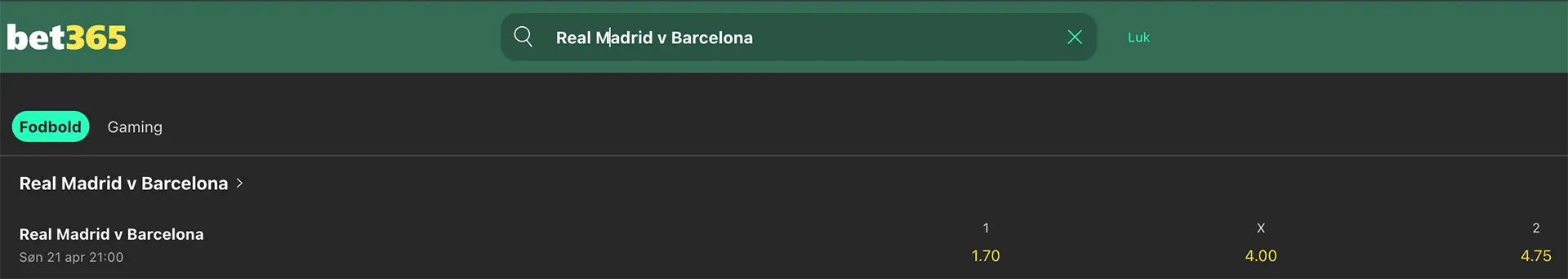 Søgning efter El Clasico på bet365