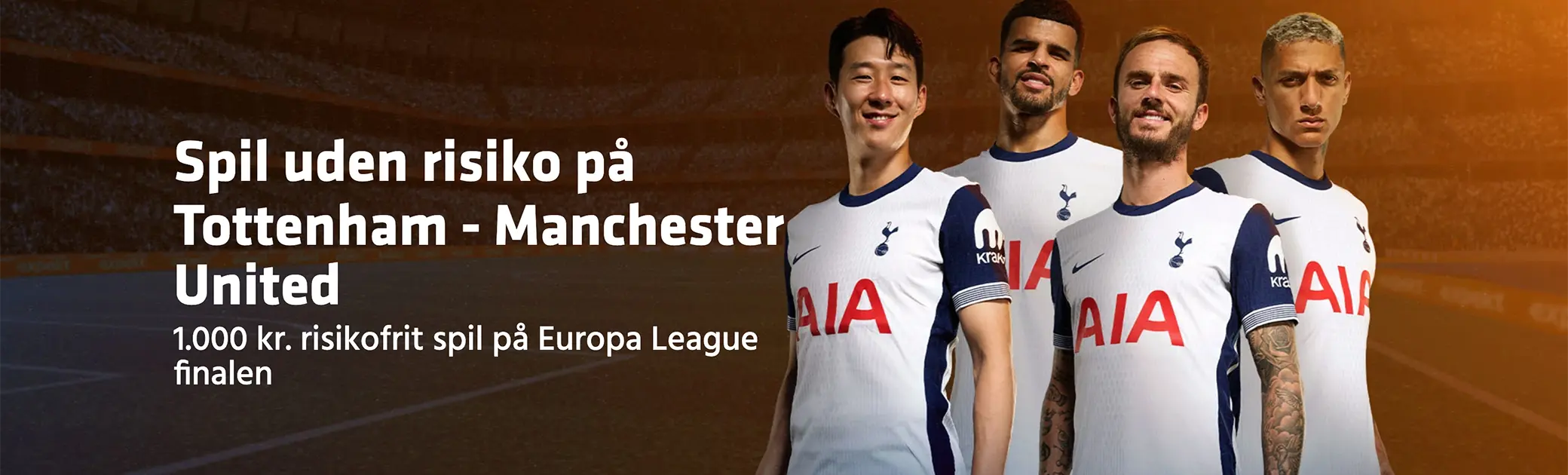 Banner med teksten: "Spil uden risiko på Tottenham - Manchester United: 1.000 kr. risikofrit spil på Europa League finalen"