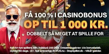 Banner med teksten: "Få 100% i casinobonus op til 1.000 kr. - dobbelt så meget at spille for"