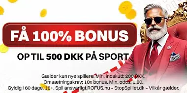 Banner med teksten: "Få 100% bonus op til 500 DKK på sport"