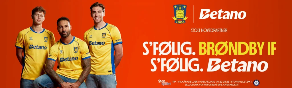 Bannerreklame fra Betanos TV-reklame for deres sponsorat af Brøndby IF med teksten: "S'følig. Brøndby IF - s'følig. Betano"