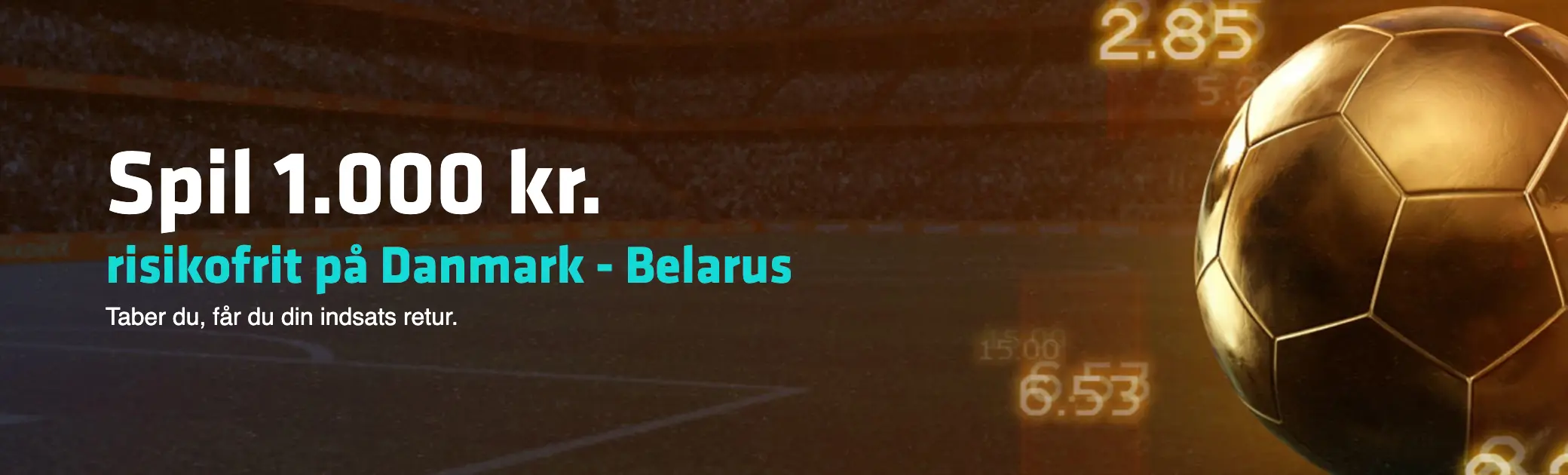 Banner med teksten: "Spil 1.000 kr. risikofrit på Danmark - Belarus. Taber du, får du din indsats retur." Bannerets baggrund et stadion med en guldbold omkringet af tal, der skal indikere odds, i forgrunden