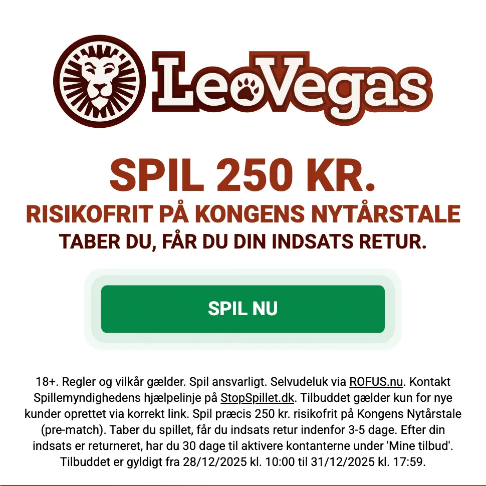 LeoVegas-banner med teksten: Spil 250 kr. risikofrit på Kongens Nytårstale - taber du, får du din indsats retur