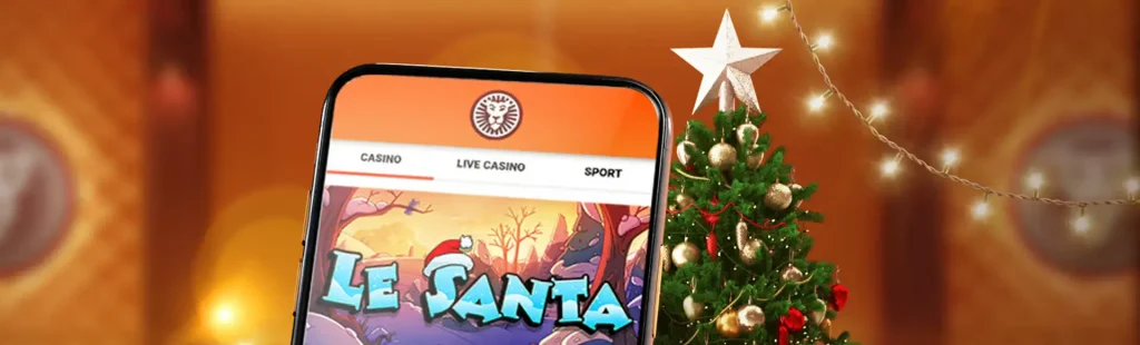 Banner, der viser en mobil med LeoVegas-app'en åben og et juletræ i baggrunden